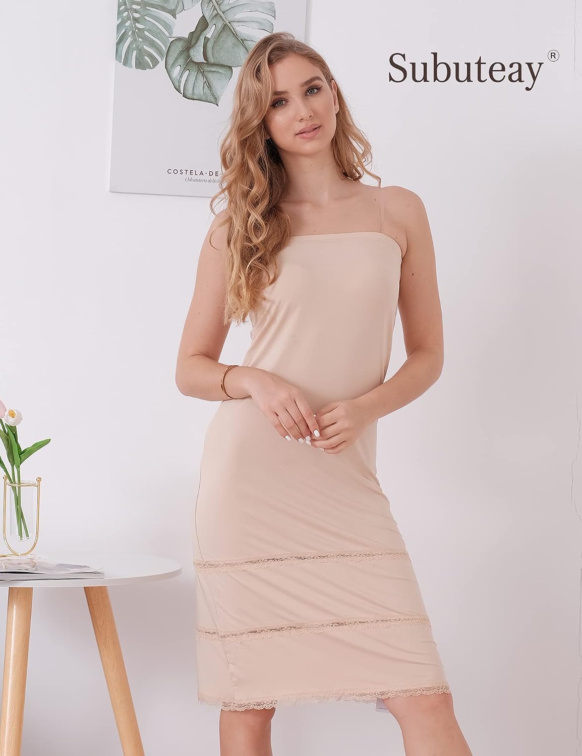 Subuteay Womens Full Slip Dress Tube Top Underdress Midi Lace Knee Length Dress