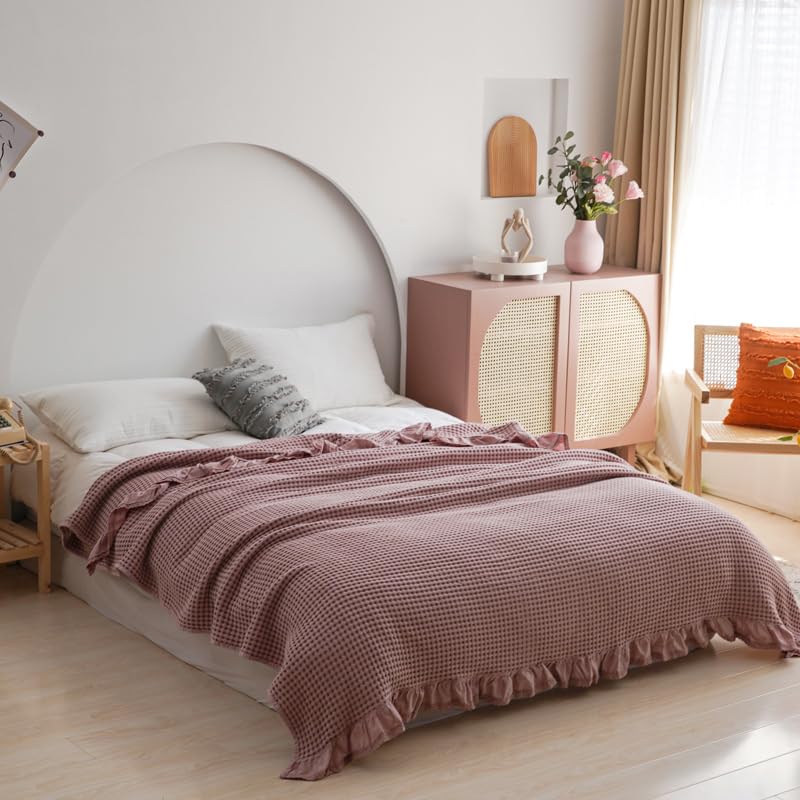 Waffeldecke aus 100% Baumwolle, Rosa, 200x230 cm, mit Rüschen, Ganzjahresdecke für Bett und Sofa (Nussbraun‑Rosa, 200 * 230cm)