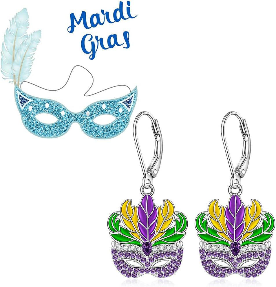 Mardi Gras Earrings Sterling Silver Small Mardi Gras Earrings for Women Dangle Studs Feather Mask Earring Womens Jewelry - Image 5