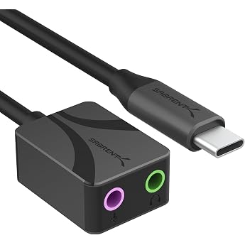 SABRENT USB-C External Sound Card with 24-Bit/96KHz Hi-Res Sound, USB Type-C to 3.5mm Jack, Two Jacks for Microphone and Ster