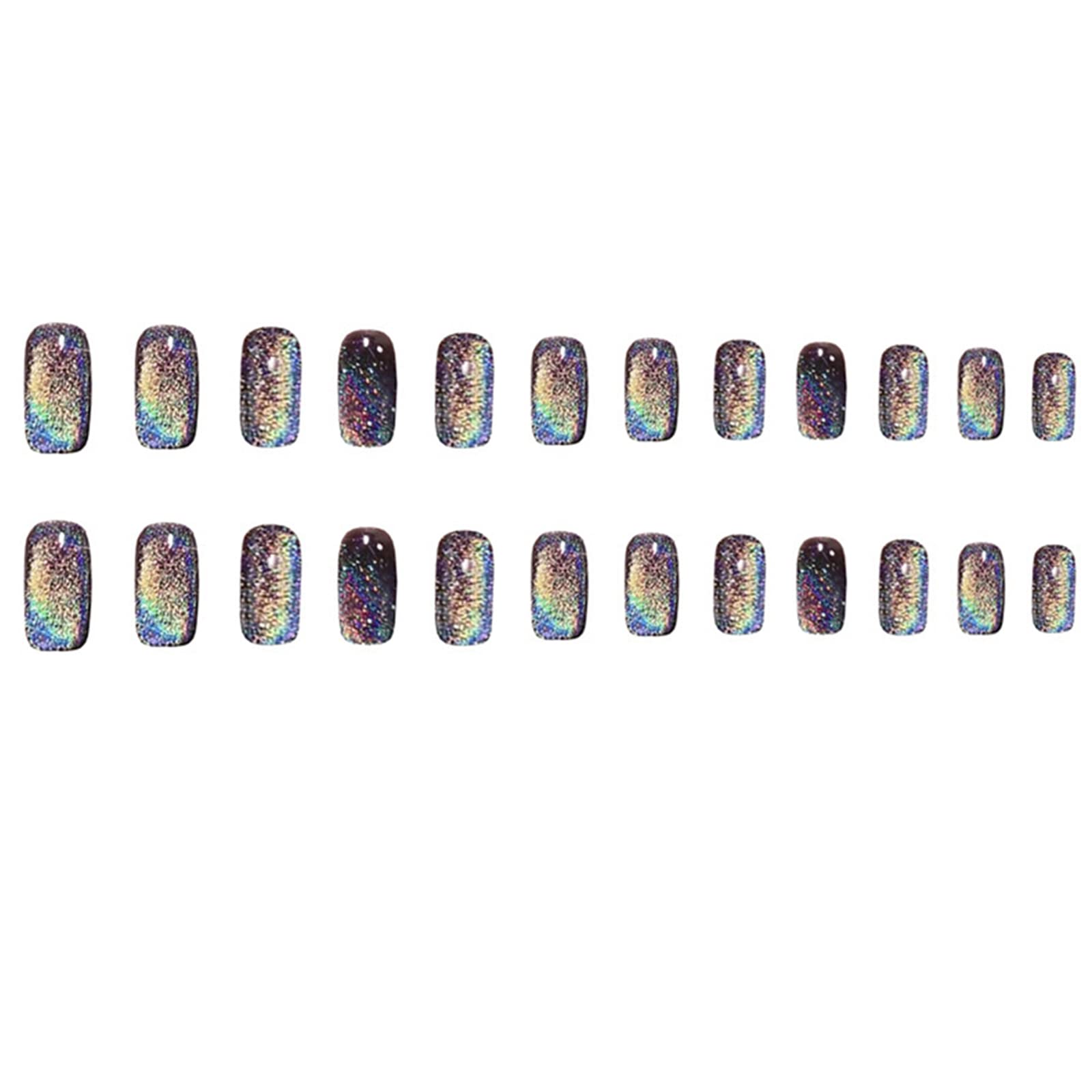 Unghie Finte Quadrate Medio Lunghe Copertura Completa con Colla Laser Nero Staccabile Arcobaleno Cat Eye Stampa sulle Unghie 24 Pezzi Suggerimenti per Nail Art per Saloni di Bellezza e Donne Nail AR
