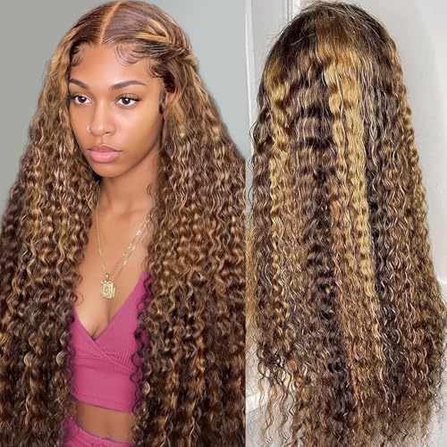 Image of 24 Inch Highlight Ombre Lace Front Wig Human Hair Deep Wave 13x6 HD Honey Blonde Lace Frontal Wigs P4 /27 Curly Human Hair Wig Glueless Wigs Human Hair