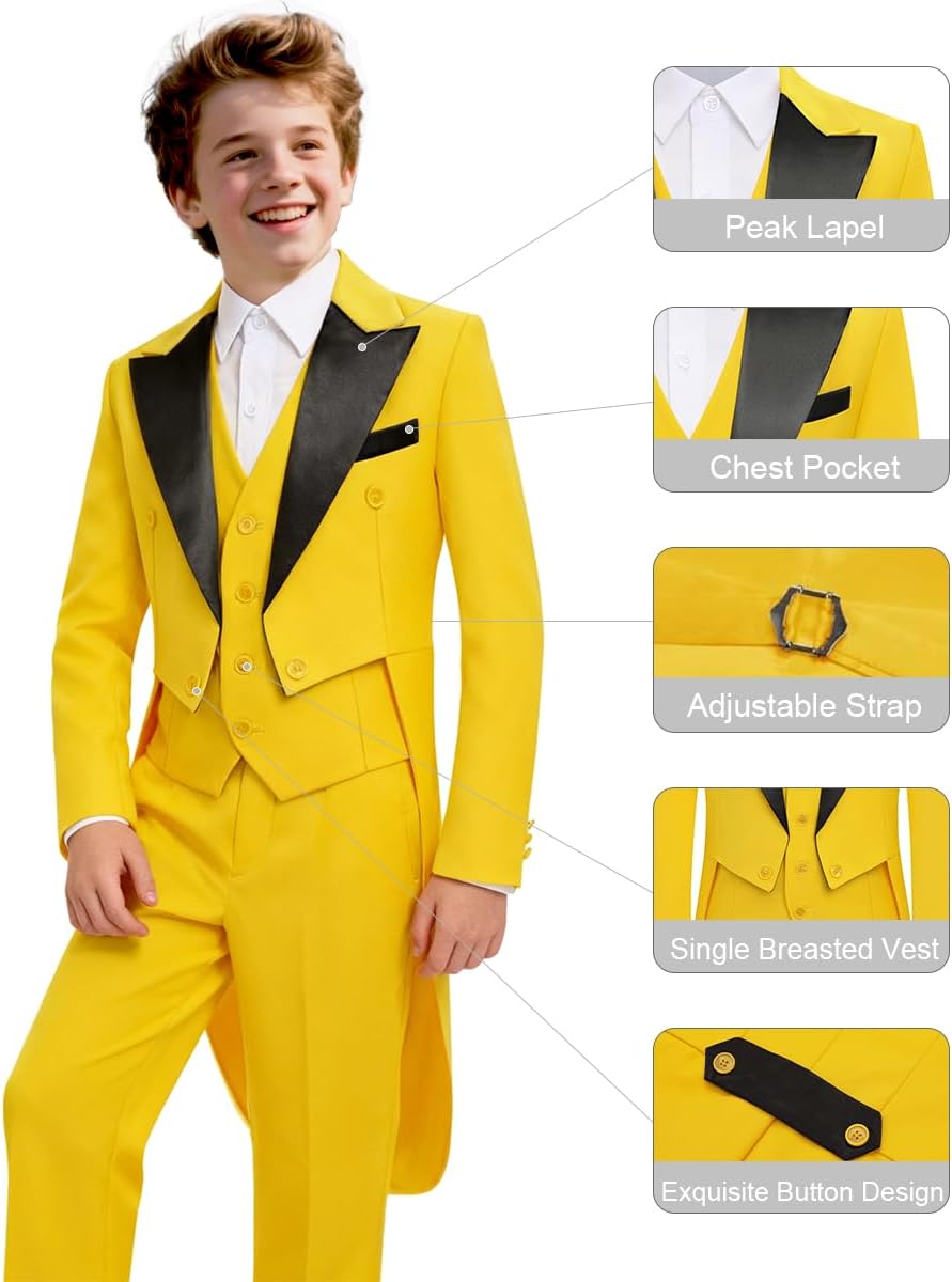 Boy Tailcoat Suit 3 Piece Slim Fit Suits for Kids Formal Prom Casual Wedding Boys Tuxedo Ring Bearer Outfit - Image 5