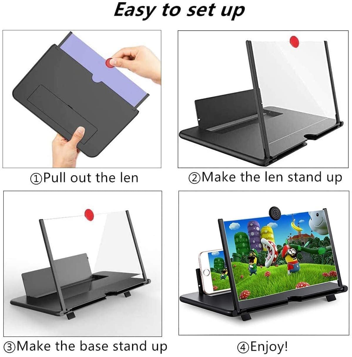 Loupe pour téléphone Portable de 16 ", 3D HD, Pliable, pour Films et vidéos, Anti-reflet, Compatible avec Tous Les Smartphones (Noir)