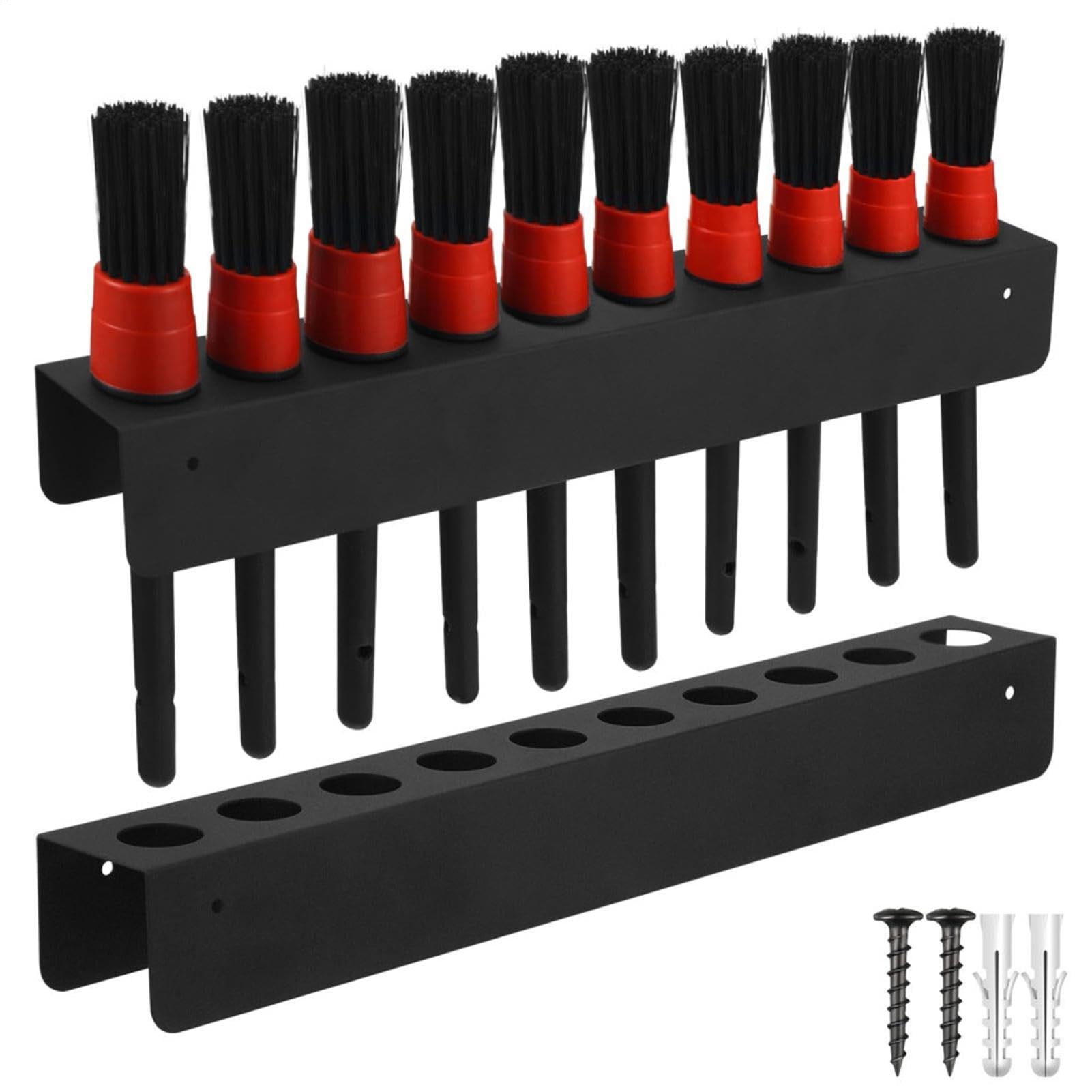 Pomurom Car Detailing Brush Holder, 10 Holes Metal Detail Brush Stand, Wall Mounted Auto Detailing Brushes Rack Organizer with Mounting Hardware for Garage Workshop