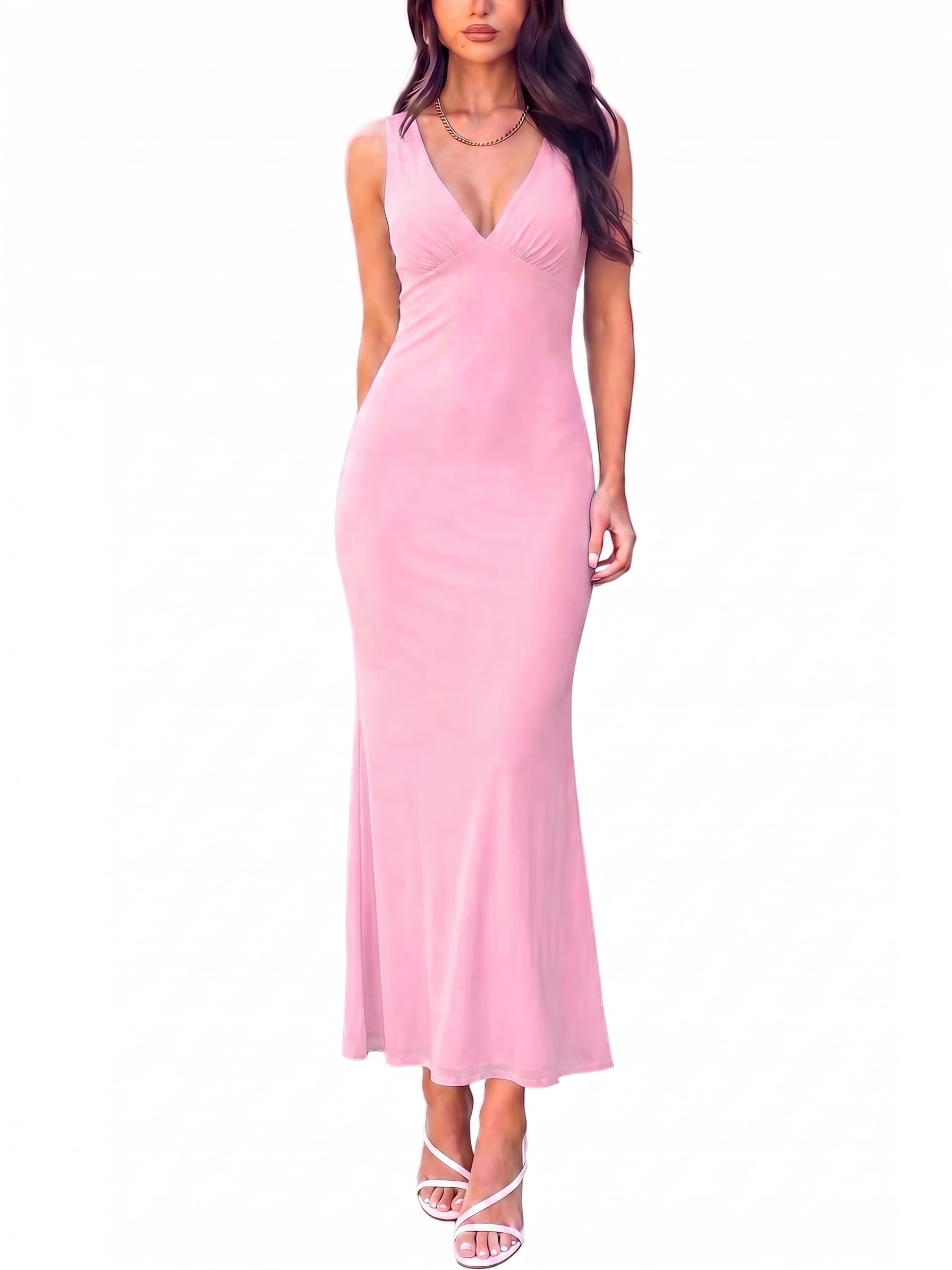Photo 1 of Women's Sexy V Neck Bodycon Maxi Cocktail Dress,XS,Pink