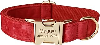 Velvet Dog Collar Personalized, Custom Pet ID Tags with Name and Phone Number Engraved for Small Medium Large Breeds (M, Red Love)