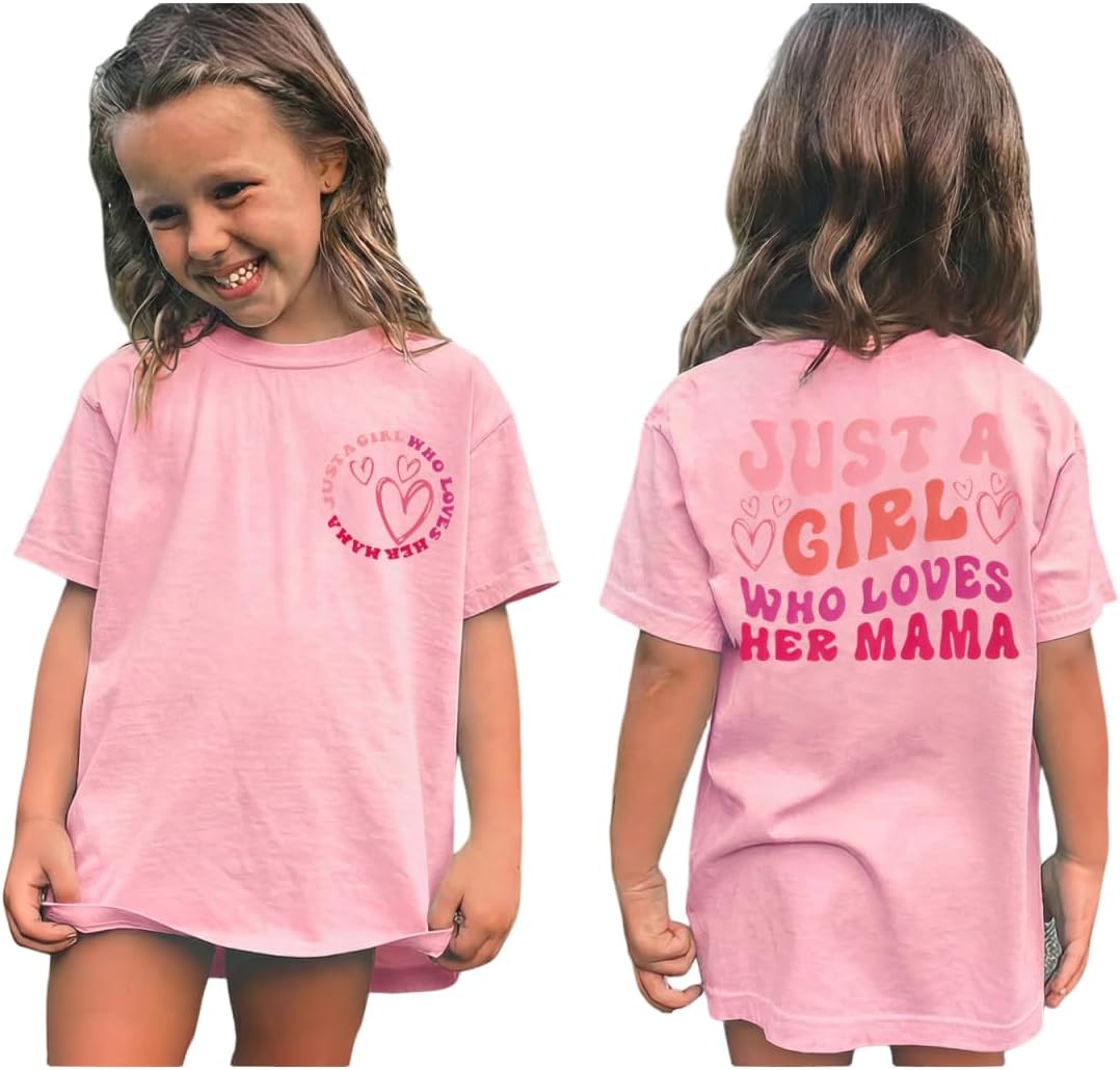 BOUTIKOME Toddler Girl Mothers Day Shirt Kid Just A Girl Who Love Her Mama Summer Short Sleeve Top Cute Heart Graphic T-Shirt