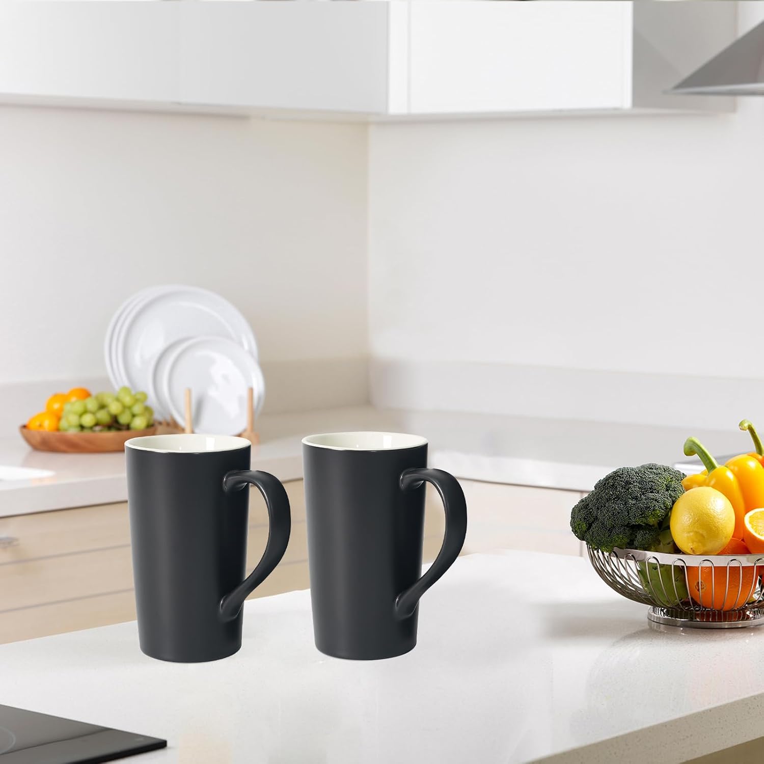 20 OZ Large Ceramic Coffee Mug Simple Pure Black Mug Set of 2 Plain Tall Milk Tea Coffee cups with Handle for Office Home as A Gift for Dad Mom Friends