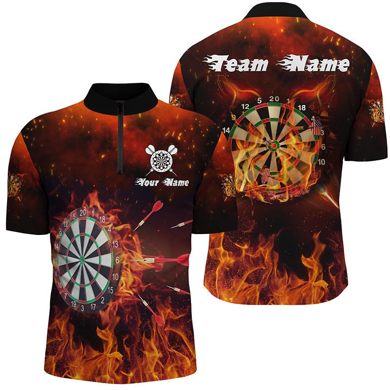 Personalisierte Darts Jersey für Herren & Damen - Individuelles Darts-Polos & Quarter-Zip-Shirts mit Feuerflammen-Motiv - Dart-Trikots L0727