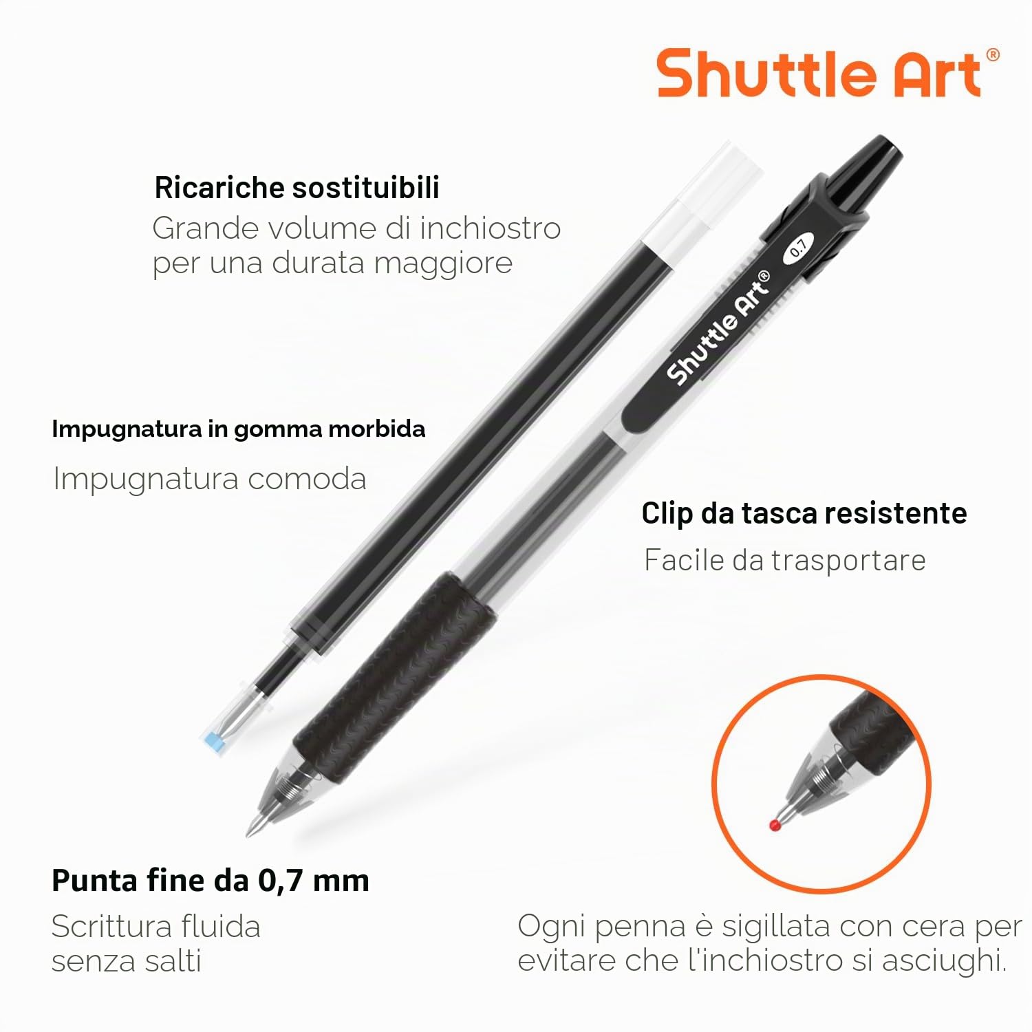 Shuttle Art 48 Pezzi Penna Gel Nera, Penne Gel con Ricariche, Punta Media 0.7mm, Cancelleria Scuola Ufficio