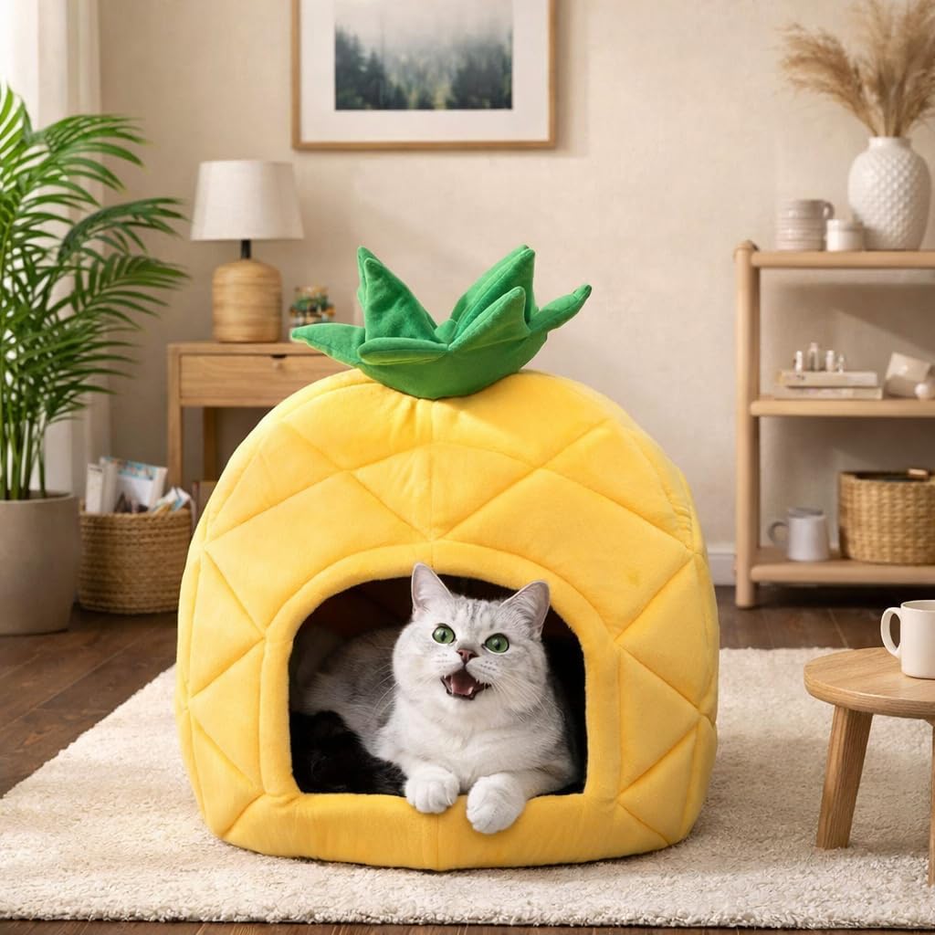 Hollypet Cat Bed Self-Warming Kitty Cave Hut House Nest Pet Sleeping Bed for Indoor Cats, Yellow, Pineapple Cave