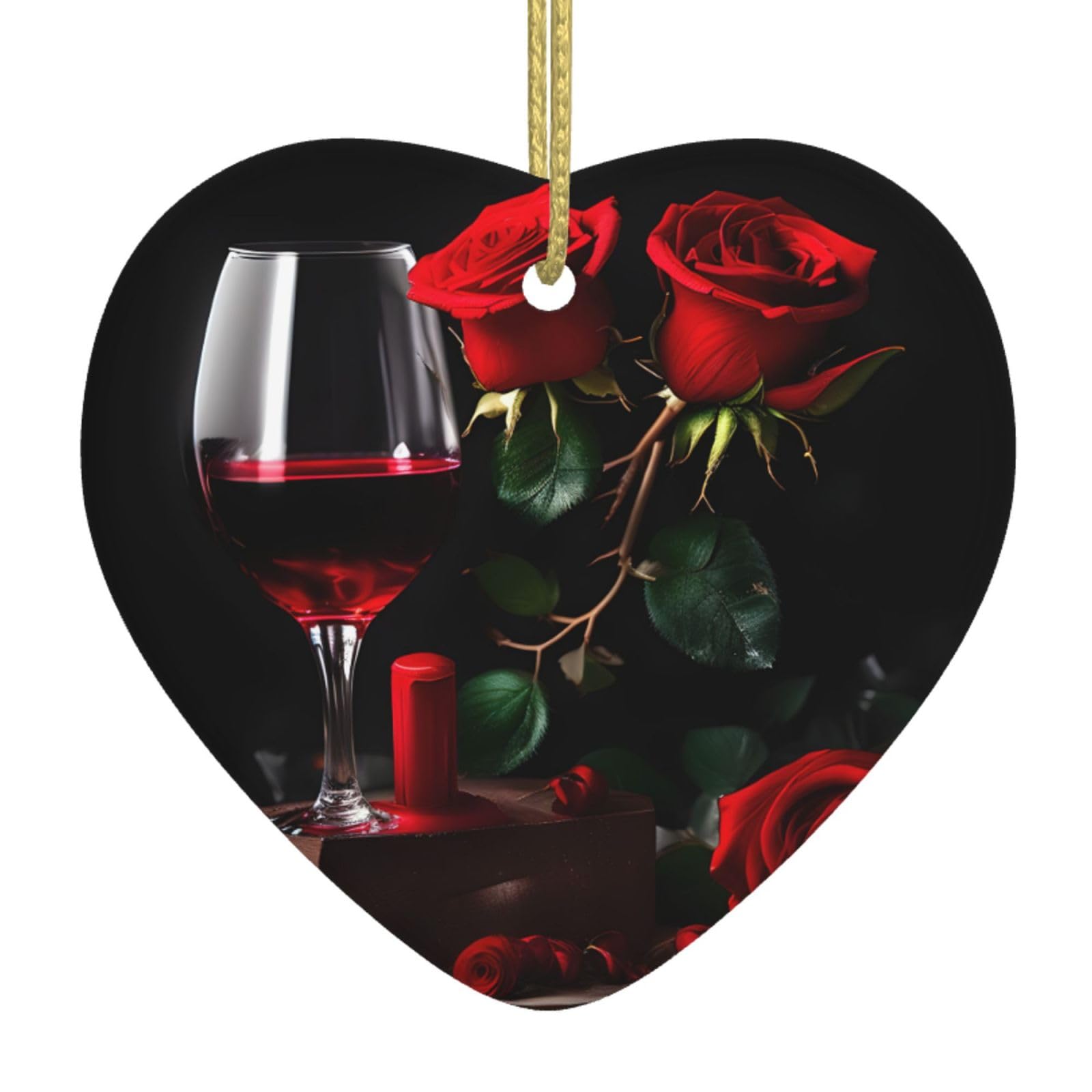 Nbtghga White Red Rose And Wine Romantic Lovers Decor Print Christmas Ornaments, Ceramic Hanging Ornament, Xmas Tree Decoration, Holiday Home Decor