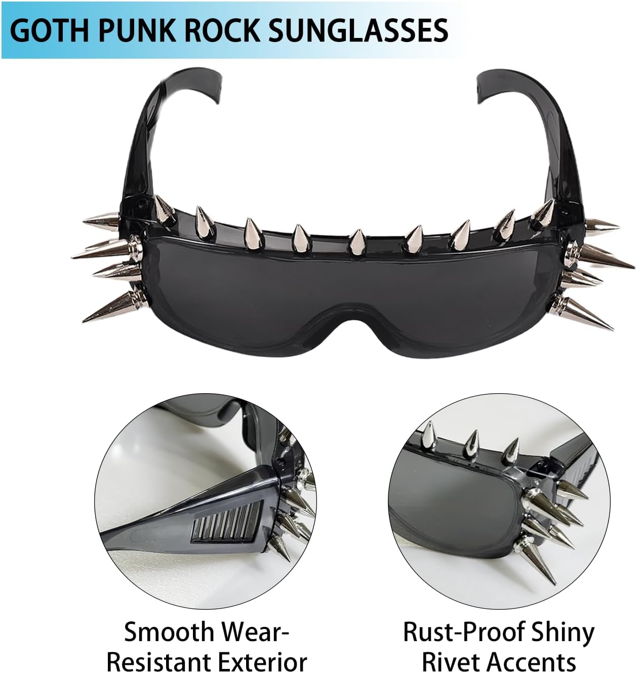 Punk Spike Sunglasses - Goth Y2k Rock Accessory with Metal Rivets for Halloween Cosplay, Club Rave - Image 3