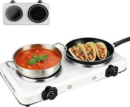 Dual Electric Stove Infrared Dual Burner Double Cooktop Countertop Stove | 1800W Portable Hot Plates Glass Counter Stove Stepless Temperature for Kitchen RV Camp White