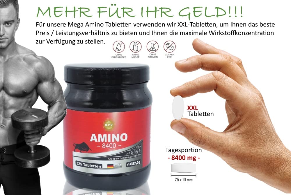 Amino - Höchste XXL Dosierung 8400 mg - 650 Tabletten - Aminosäuren- BCAA- EAA - Mit Abstand das Stärkste Amino Produkt auf dem Markt