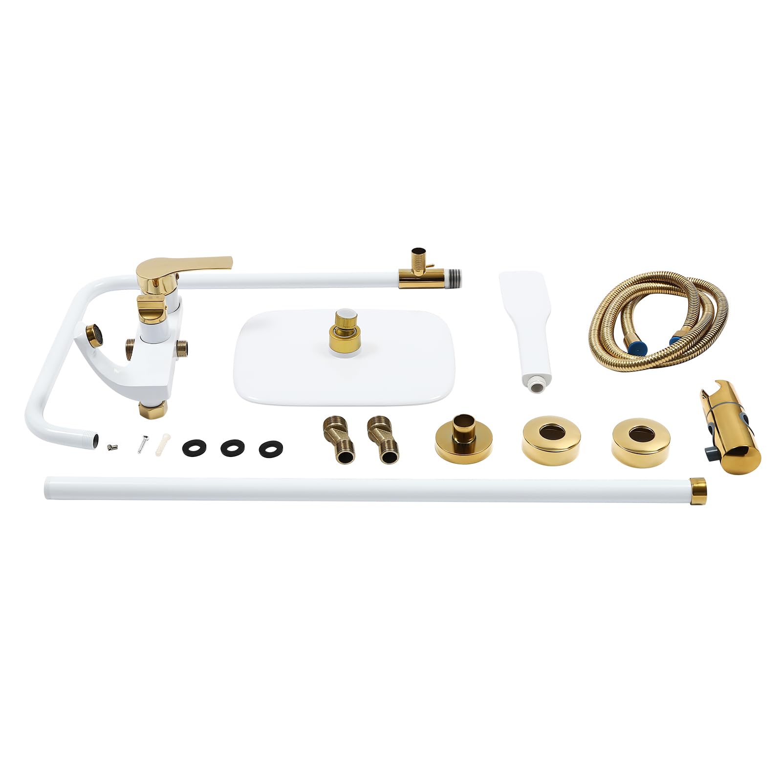 Sistema doccia con soffione e doccetta, set completo, asta doccia regolabile in altezza 85-125 cm, sistema doccia bianco oro, 3 uscite dell'acqua con attacco G1/2, per bagno