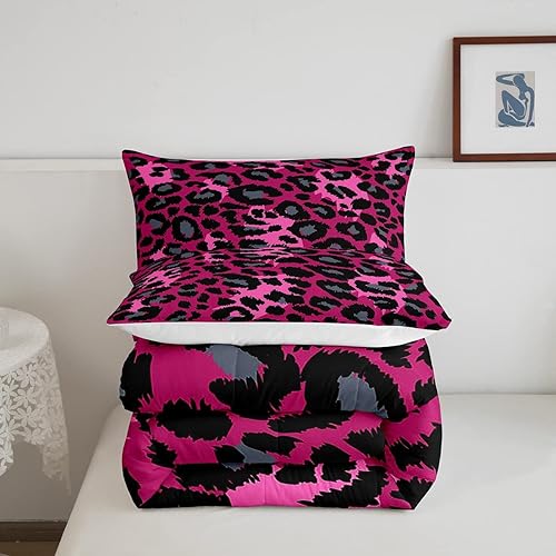 Miniatura 5 de Erosebridal Juego de edredón de safari individual, estampado de leopardo y guepardo sobre edredón de plumón rosa con 1 funda de almohada para niños,