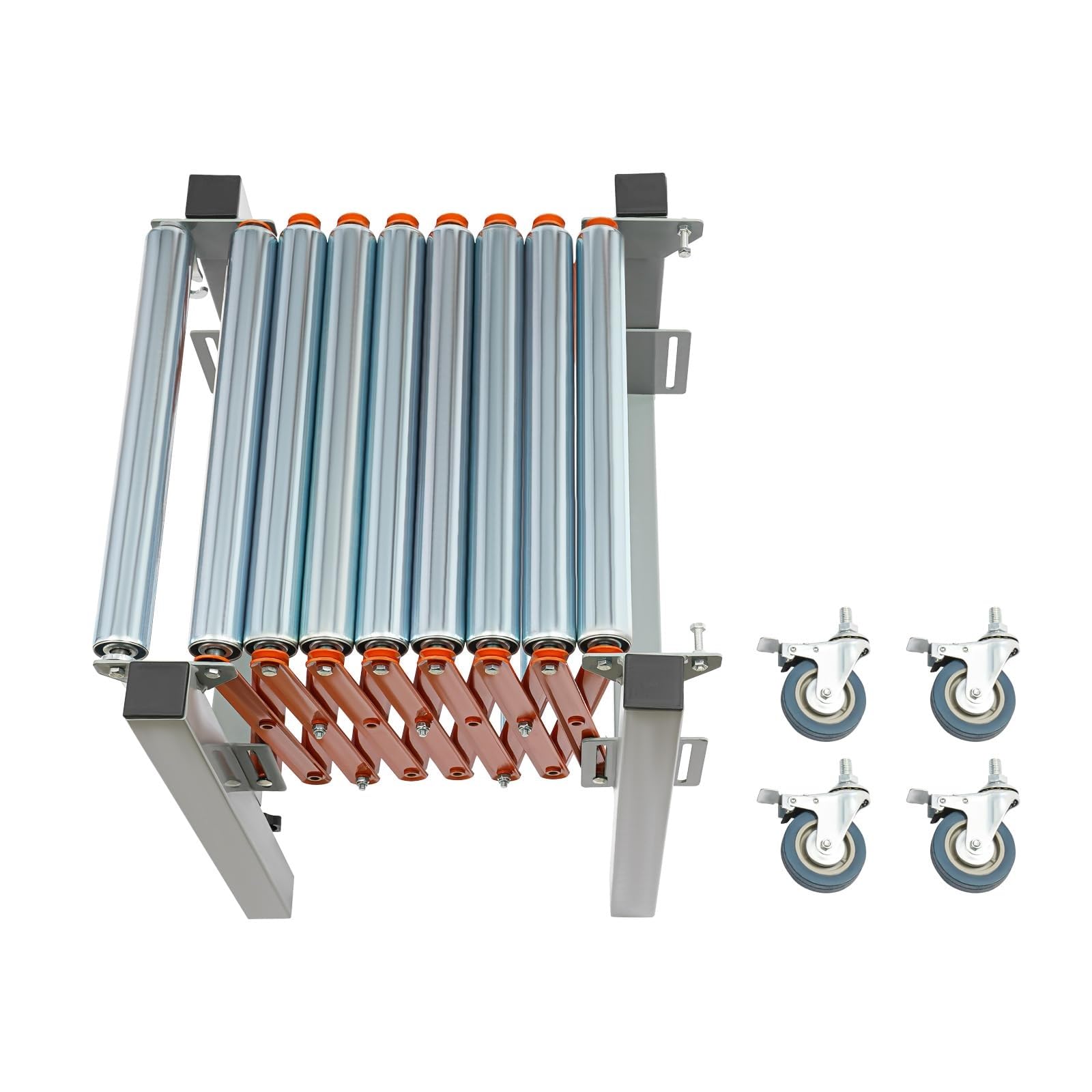Soporte de Rodillos transportadores Ajustable, Cinta transportadora giratoria Extensible con 4 Ruedas, Mesa Extensible con Sistema de gi-ro de Rodillos y 2 Ganchos, Carro telescópico