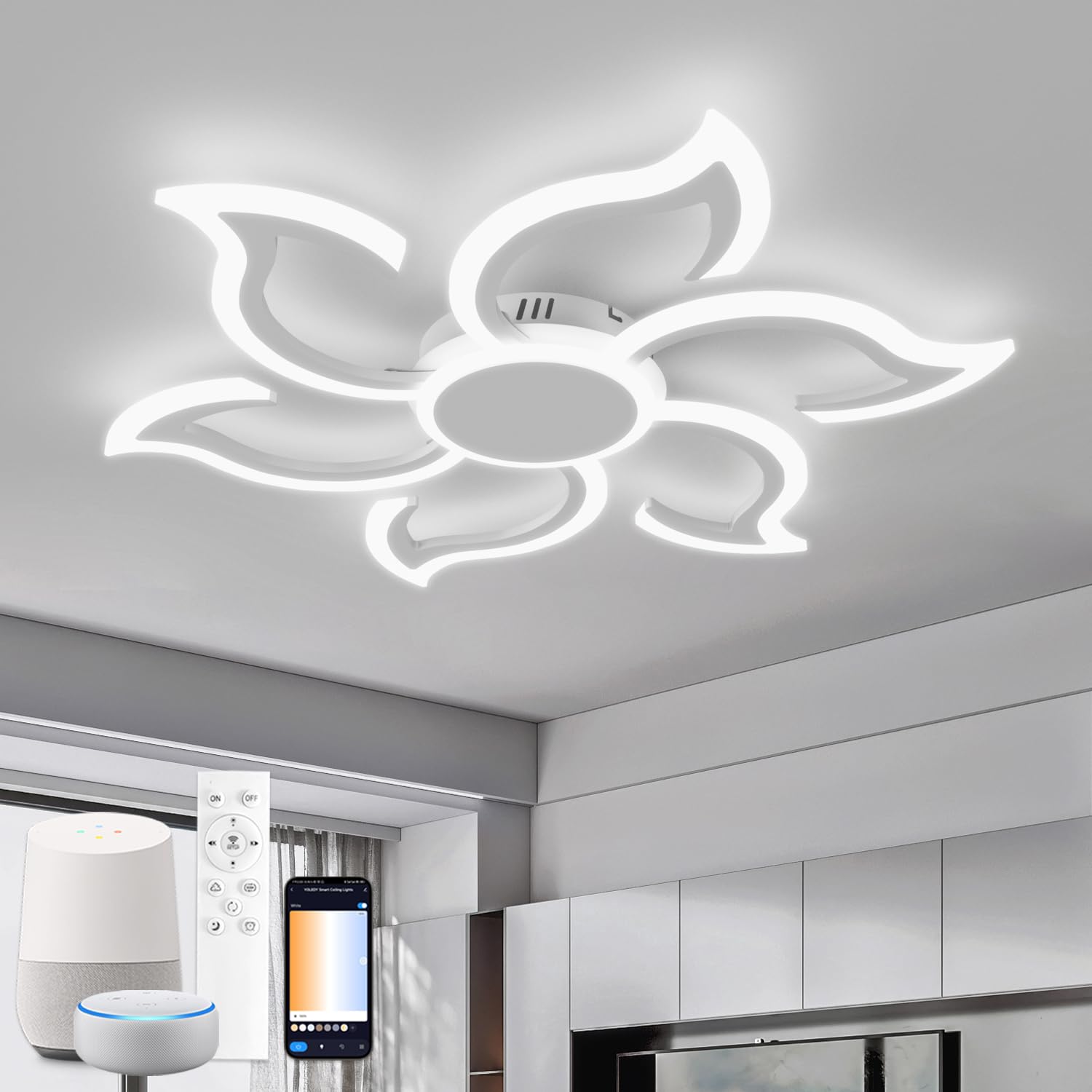 Smart WiFi Wohnzimmer Lampe Decke Kompatibel für Alexa & Google Home, Φ88cm Schlafzimmerlampe Modernes Blumen Design, Dimmbar, Speicherfunktion, Led Deckenleuchte für Schlafzimmer, Weiß
