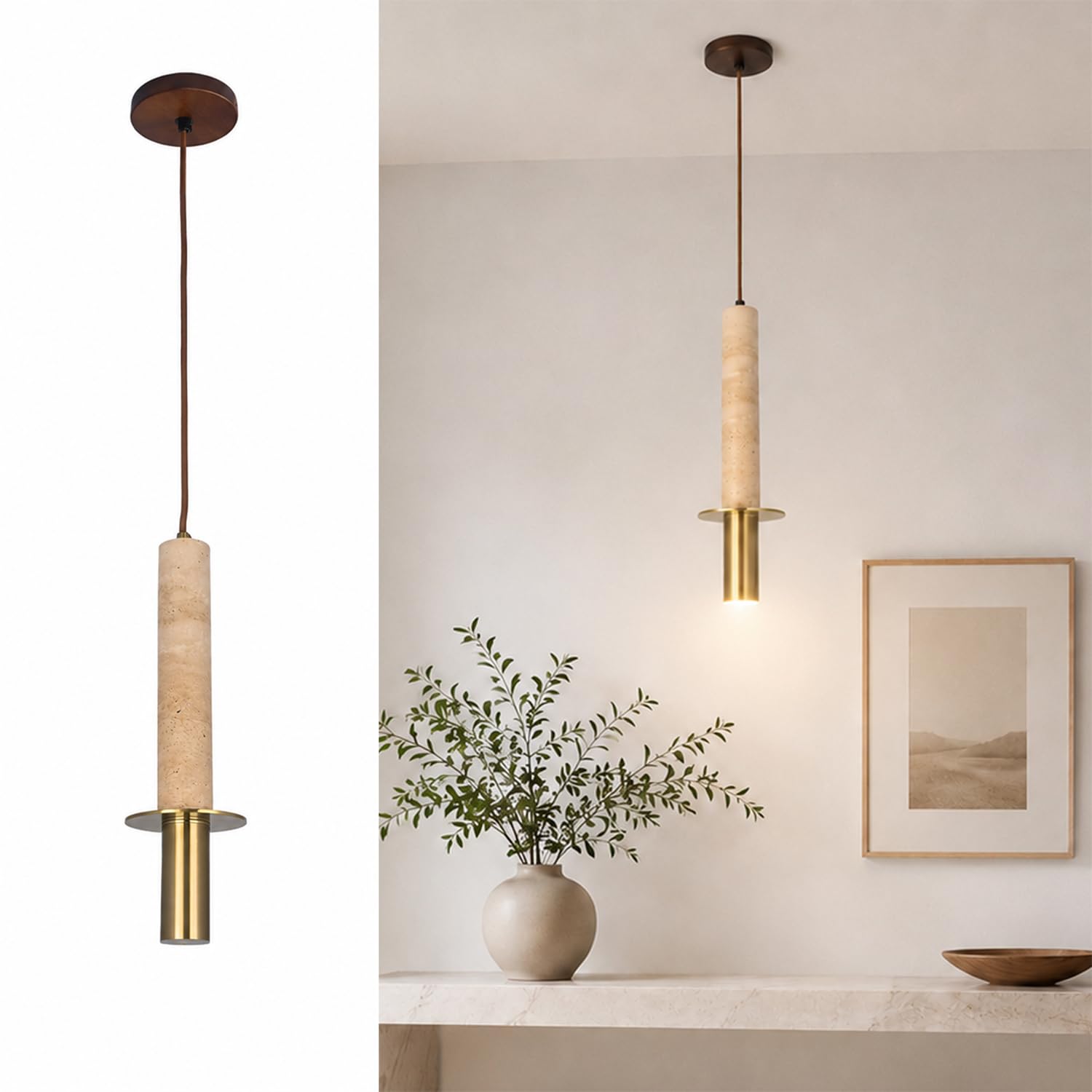 Huayusedf Beige 12.9" Yellow Travertine Long Tube Pendant Light Mini Style Cave Stone Chandelier Kitchen Island Hanging Ceiling Spot Fixtures For Dining Table Living Room Bar