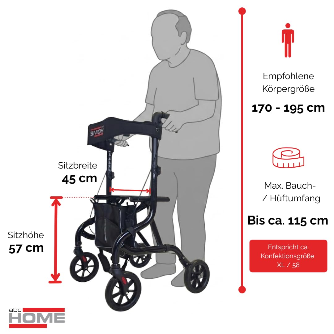 abc HOME Ultra-Leichtgewicht Rollator 6 kg – Aluminium Gehwagen klappbar bis 130 kg – Reise-Rollator mit Ankipphilfe, Sitz & Tasche – 5-fach höhenverstellbar – Schwarz (Nobles Schwarz)