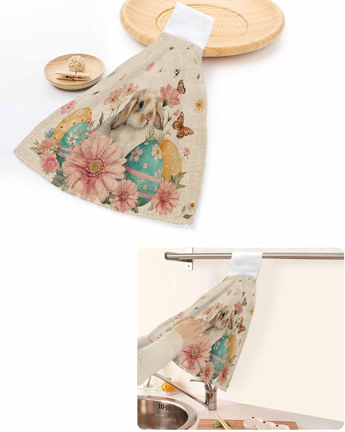 Easter Bunny Kitchen Hand Towels with Hanging Loops Set of 2 Eggs Vintage Pink Daisy Spring Floral Butterfly Soft Thick Oven Fingertip Dry Microfiber Tie Dish Towel Absorbent Cleaning Washcloth