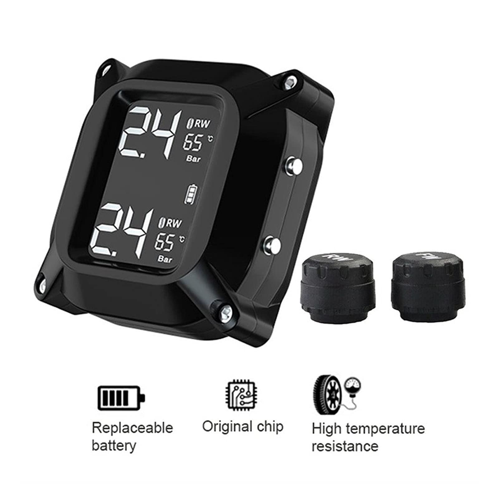 Strumenti di controllo della pressione dei pneumatici Motocicletta wireless. TPMS. Sistema di monitoraggio della pressione dei pneumatici 2PCS Sensore esterno LCD. Allarme del monitor della temperatur