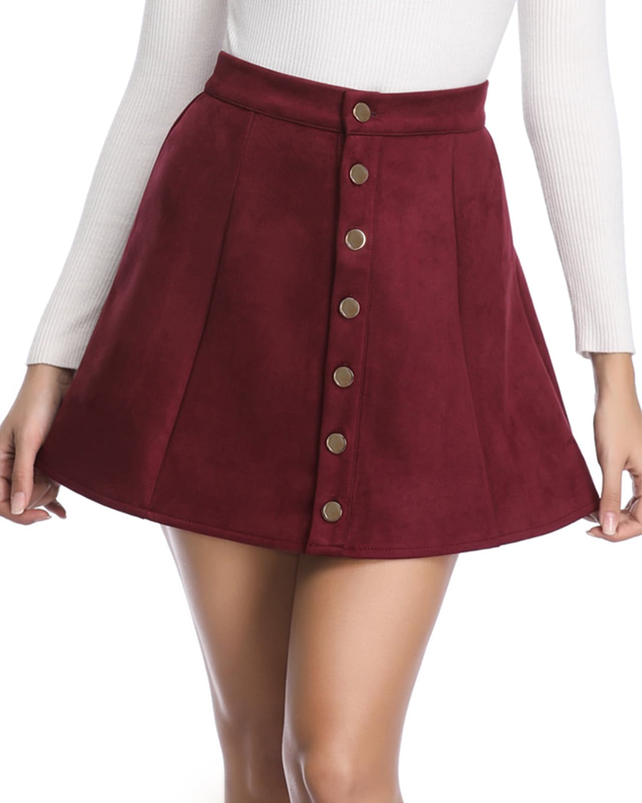 Women's Faux Suede Skirt Button Closure A-Line High Wasit Mini Short Skirt