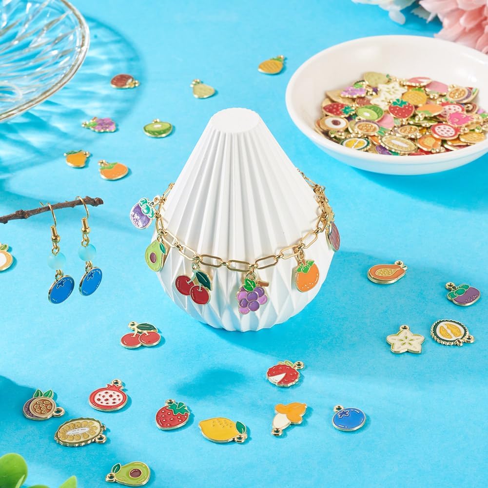 Fruit Charms Bulk Assorted Fruits Golden Alloy Enamel Charm Pendants Cute Fruit Beads Dangle Charms for Bracelet Jewelry Making Necklace Earring Crafting Keychain Making - Image 2