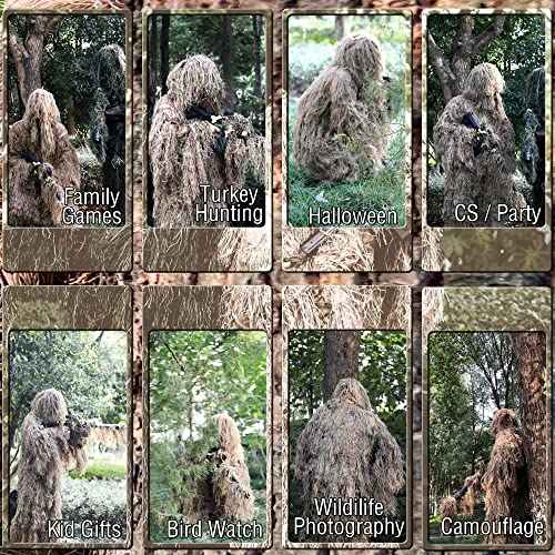 PRIOR FITNESS 5 in 1 Ghillie Suit for Men 3D Camo Face Paint Hunting with Carry Bag Lightweight Camo Lightweight Camo Clothes with Hood for Kid