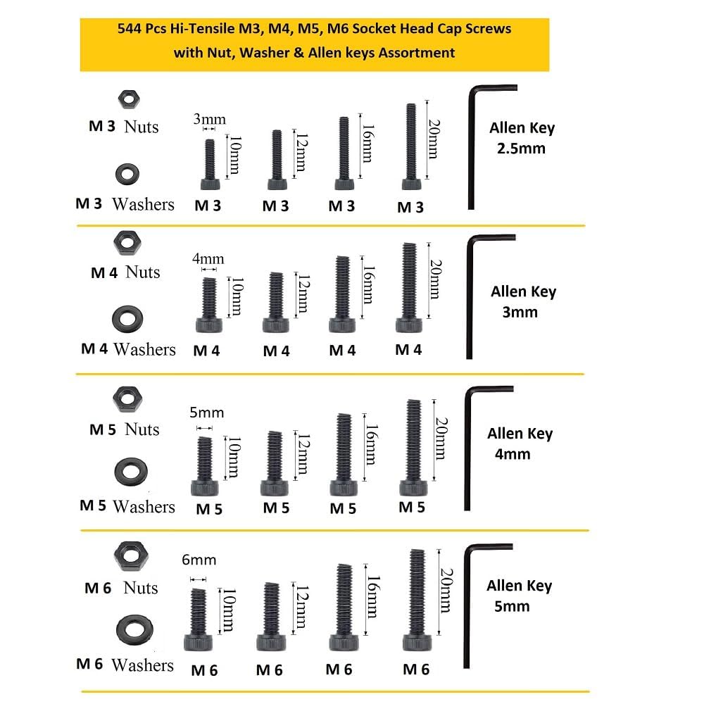 Hi-Tensile 12.9 Alloy Steel Socket Head Cap Screw Allen Bolt Thread Dia M3 M4 M5 M6 with Full Thread Length 10mm to 20 mm Screws (Black) - Pack of 544 Pcs