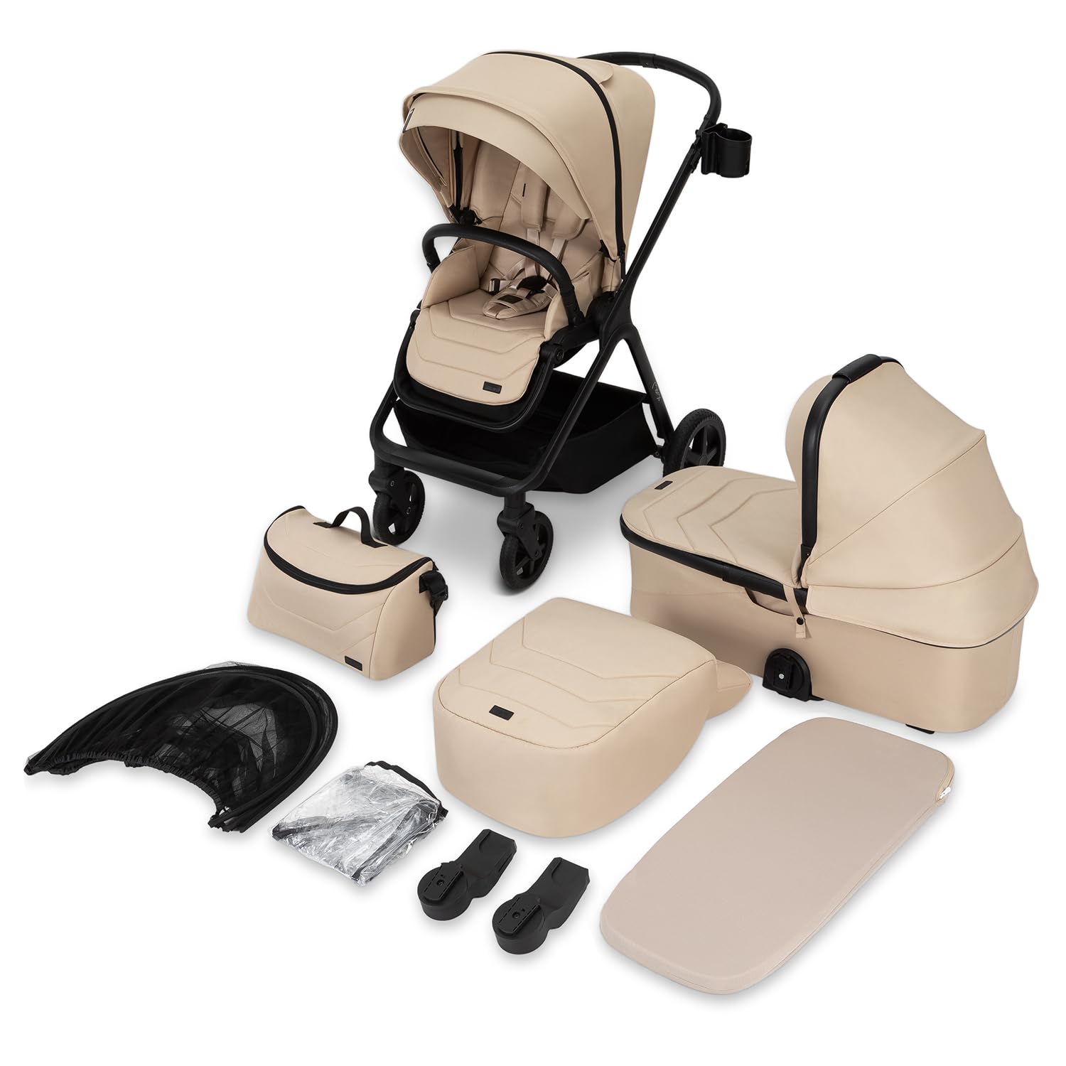 MoMi GISELLE Kombi-Kinderwagen 2 in 1 mit Buggy-Funktion, 5-Punkt-Sicherheitsgurt, ab dem 1. Lebenstag, bis 22 kg Körpergewicht (Buggy), Einkaufskorb, Matratze, Regenschutz und Wickeltasche