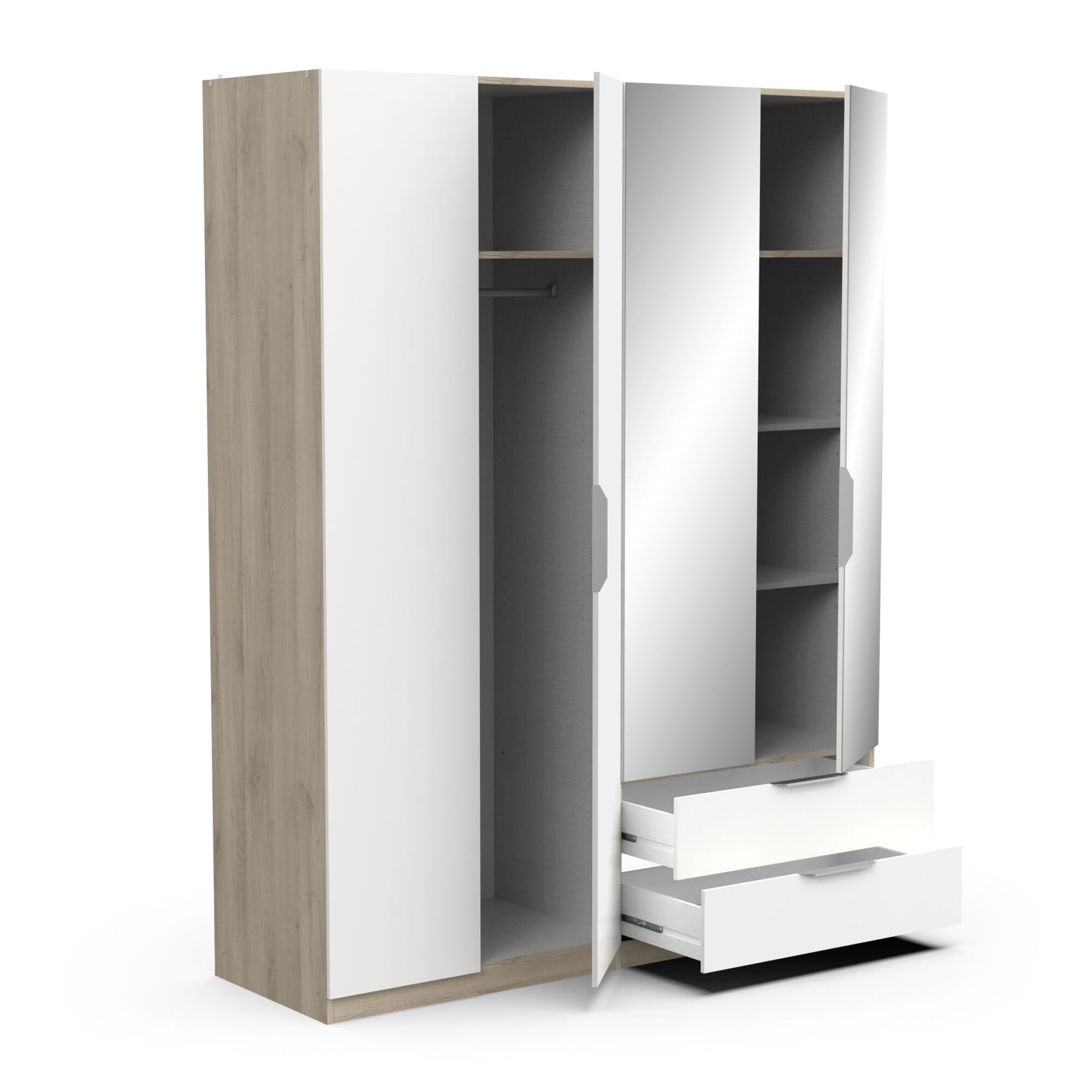 Demeyere Vestidor con Espejos y Armario Moderno 4 Puertas 5 estantes 2 cajones, Color Roble Kronberg y Blanco Mate, 157,3 x 51,1 x 203 cm, Madera de ingeniería