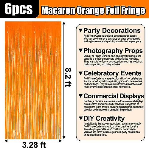 Image of 6 Pack Macaron Orange Foil Fringe Curtain Backdrop, 3.28Ft x 8.2Ft Metallic Tinsel Foil Fringe Streamer Curtains for Photo Booth, Christmas Day, Thanksgiving, Wedding, New Year Party Decorations