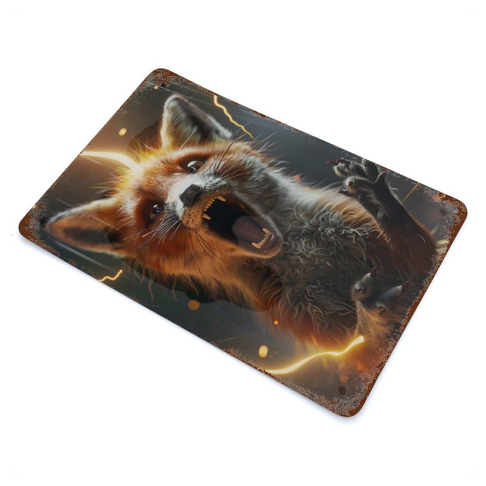 Fox Lightning Vintage Wall Sign 11.8"x7.9", Rust Effect Metal Decor for Basement, Hobby Room And Garage Decor