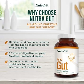 NutraGut - Digestive and Gut Support - with 10 Billion Probiotic Cultures, 3 Digestive Enzymes: Amylase, Protease & Lipase - with Vitamins & Minerals - NutraVit, 30 Capsules