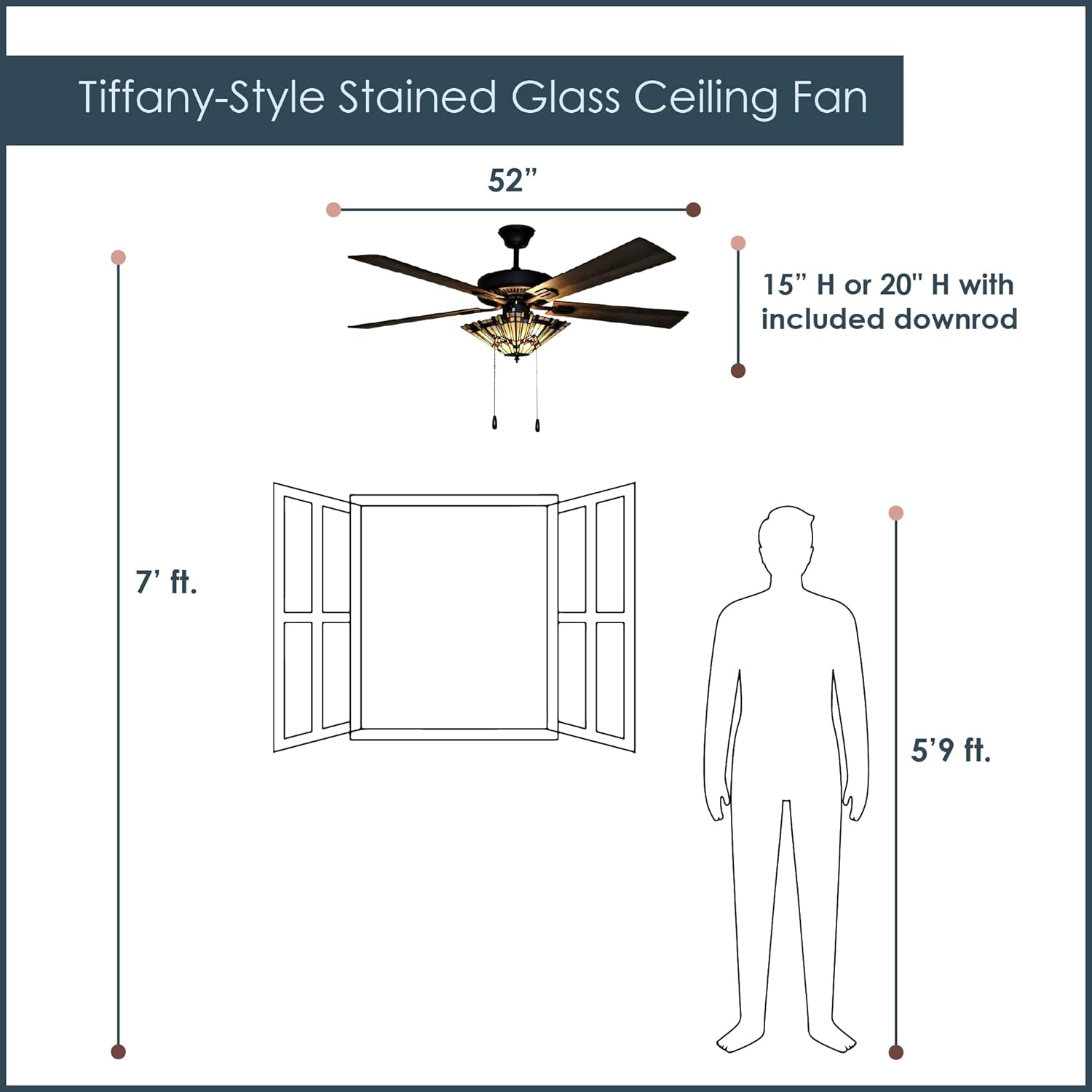 RIVER OF GOODS 52 Inch Craftsman LED Ceiling Fan with Lights - Tiffany-Style Stained Glass Ceiling Light Fixture - Elegant Chandelier Fans with Lights and Remote