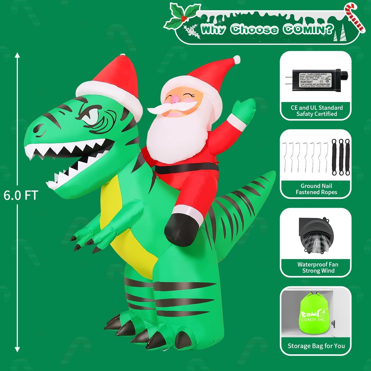 COMIN 6 FT Christmas Decorations Outdoor Inflatables Santa Claus Riding Green Dinosaurs Blow ups with Built-in LEDs for Yard Party Lawn Decor
