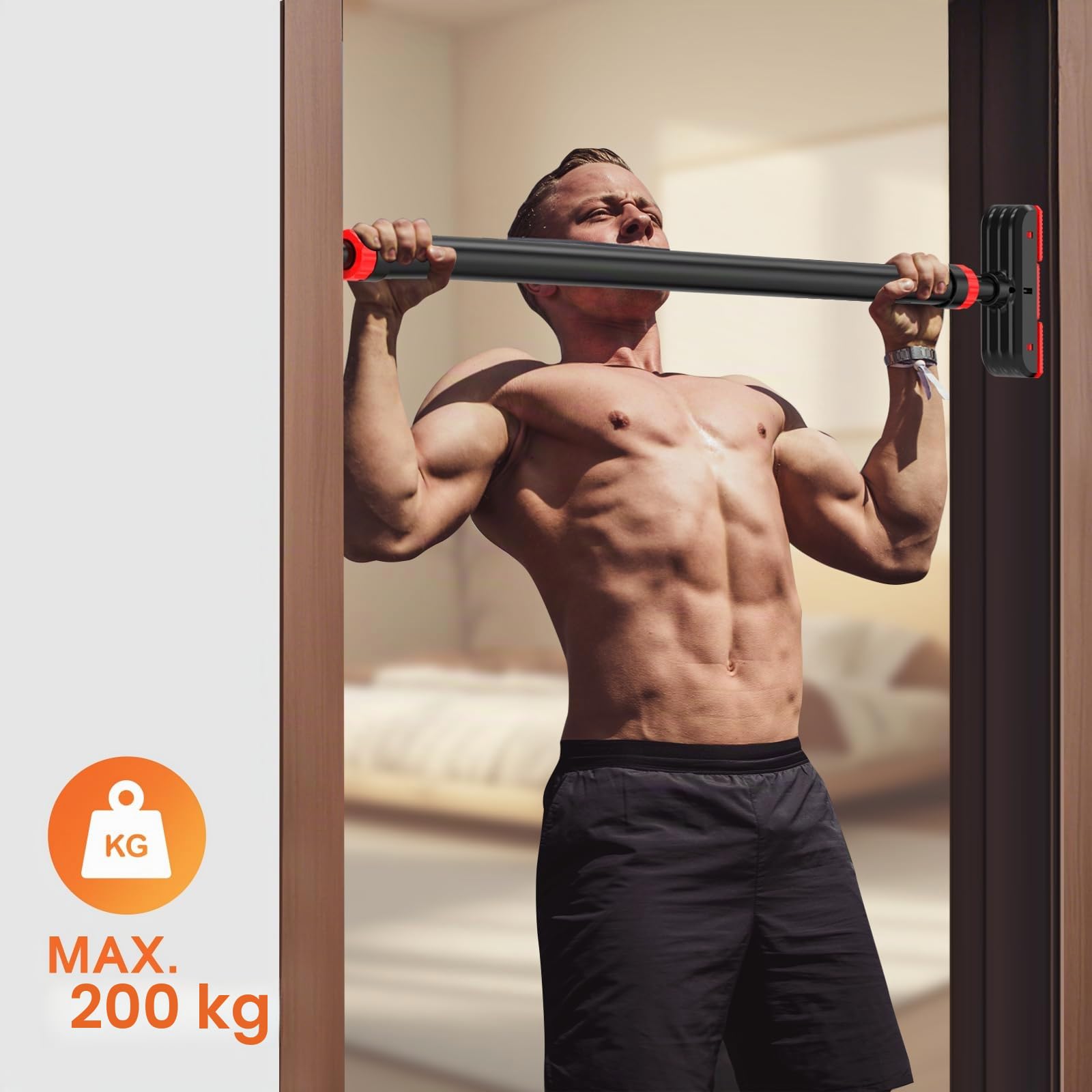 DH FitLife Barra per trazioni, telaio della porta senza viti, Pull up bar Doorway per avvitare, per allenamento di forza, barra per porta 72-92 cm, Carico 200kg, con livella a bolla