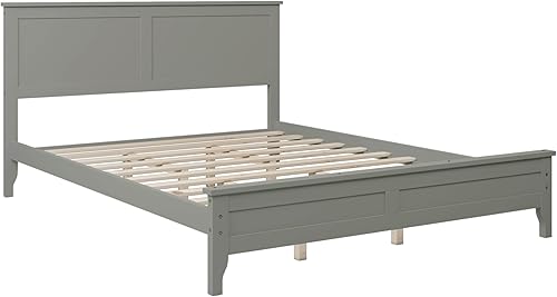 Miniatura 6 de Cama de plataforma Queen de madera maciza gris moderna, marco de cama con cabecero y estribo de estilo moderno, gris