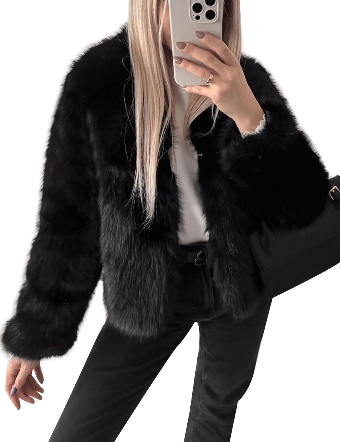 Flygo Women Faux Fur Coat Fluffy Long Sleeve Open Front Cropped Furry Jacket Shaggy 2025 Warm Winter Outwear with Pockets