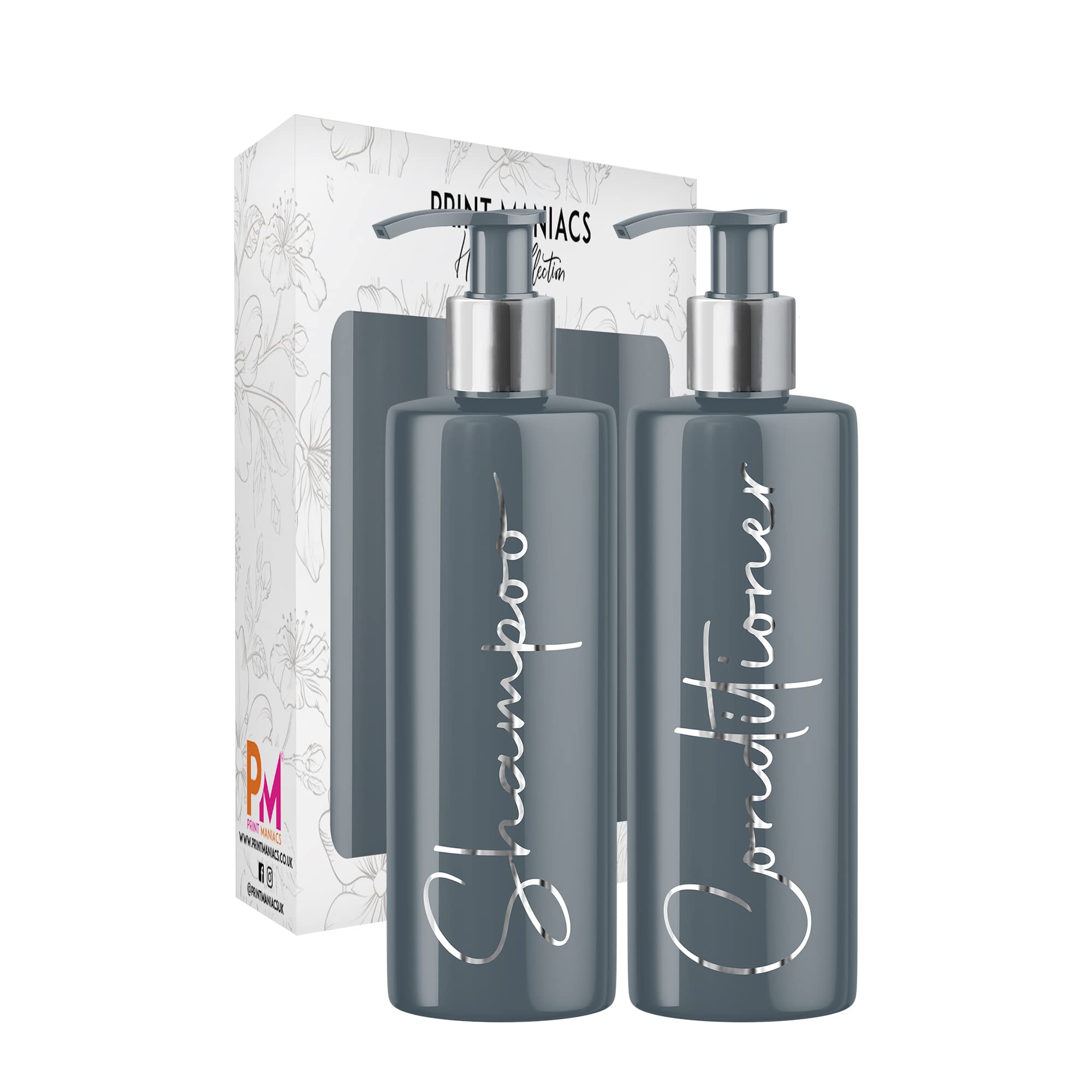 Print Maniacs Grey Mrs Hinch Inspired Personalised 500ml Pump Bottles Bathroom Lotion Kitchen Set Shampoo Conditioner Body Wash F2 (Silver