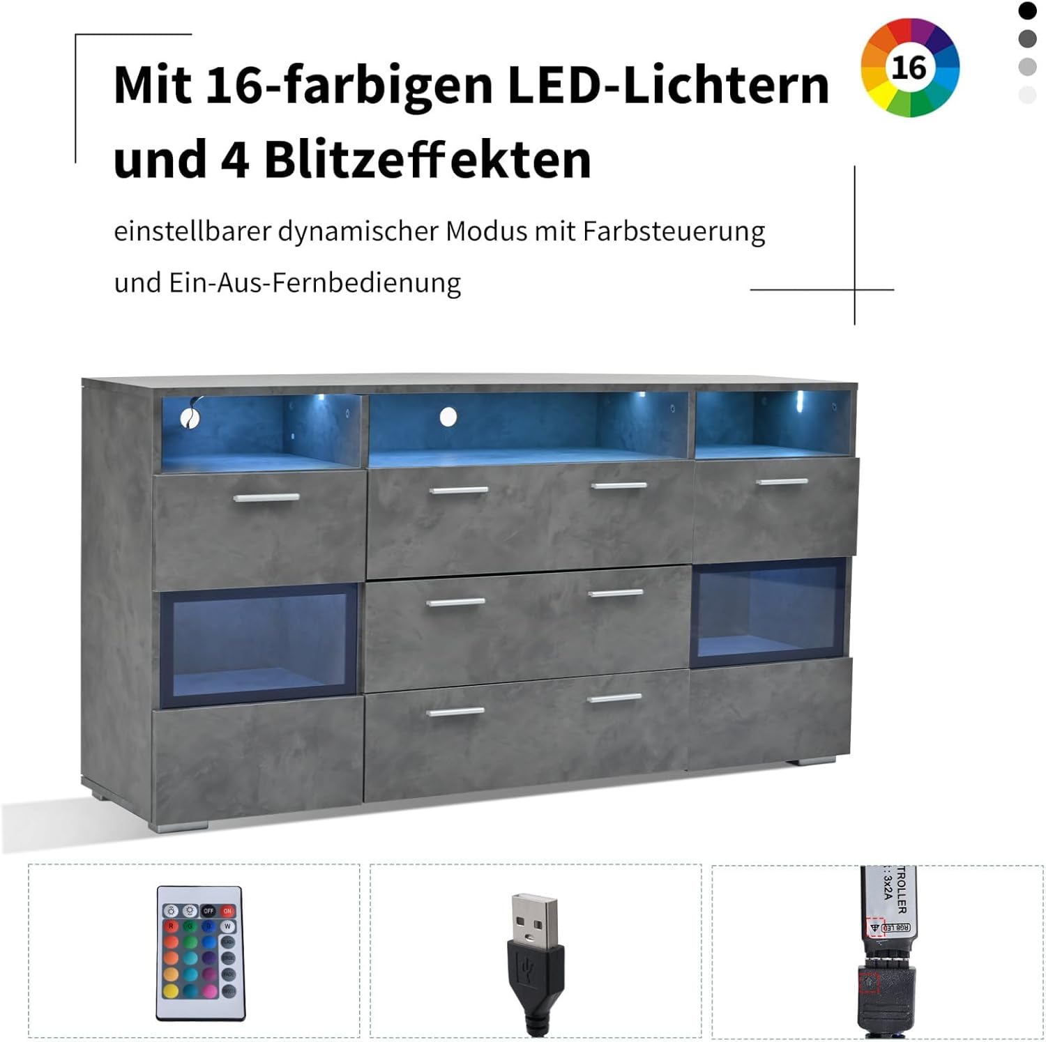 Image showing the LED remote control, USB power cable, and LED controller for the sideboard lighting.