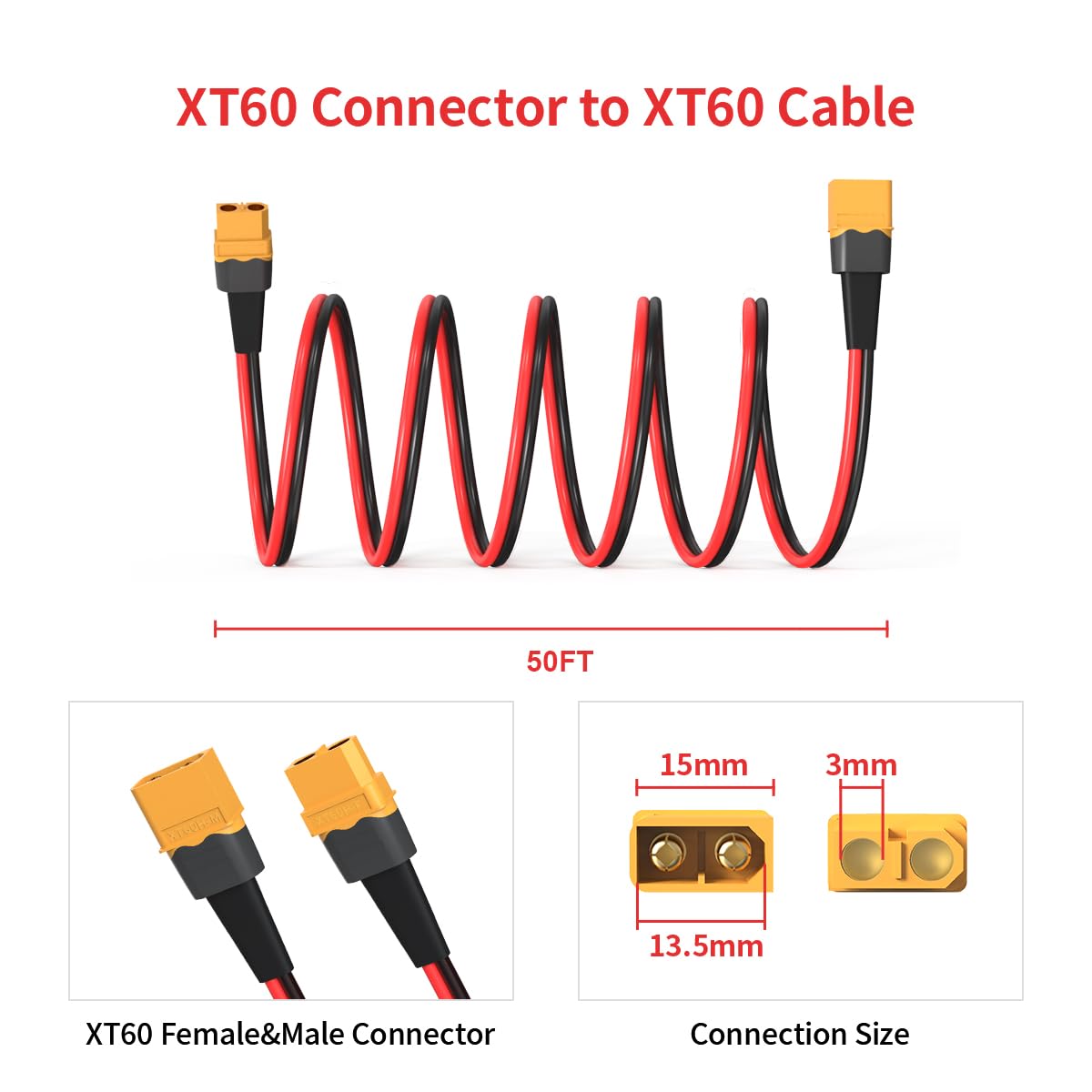 Câble D'Extension Solaire 10 AWG 60cm Avec Connecteurs XT60 - 50A - Pour Batterie Voiture Camping-car