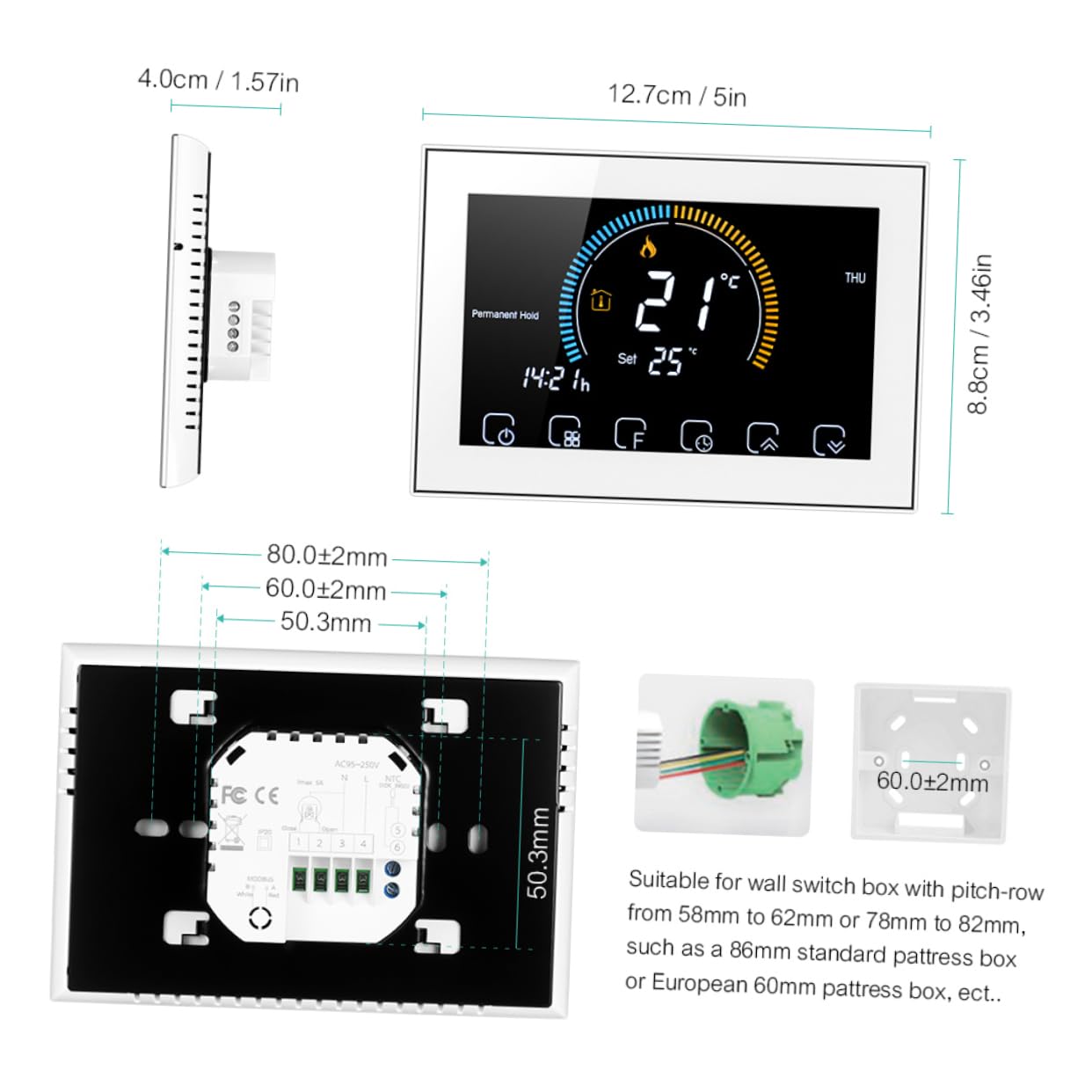 Artibetter Termostato Digitale Intelligente Per Riscaldamento Pavimento Schermo Lcd e Pulsante Touch Facile Da Leggere Buio Realizzato Materiali Resistenti Per Uso Prolungato Display Meteo Te