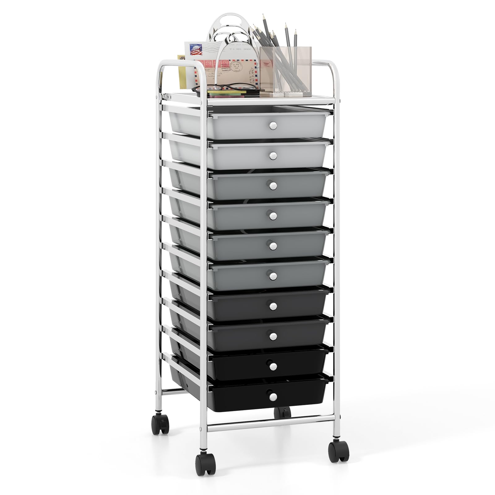 GYMAX Carrello Portaoggetti con 10 Cassetti Staccabile, Carrellino Salvaspazio con Ruote, per Uffici, Parrucchieri, Studio, Soggiorno, 38 x 33 x 86 cm (NERO SFUMATO)
