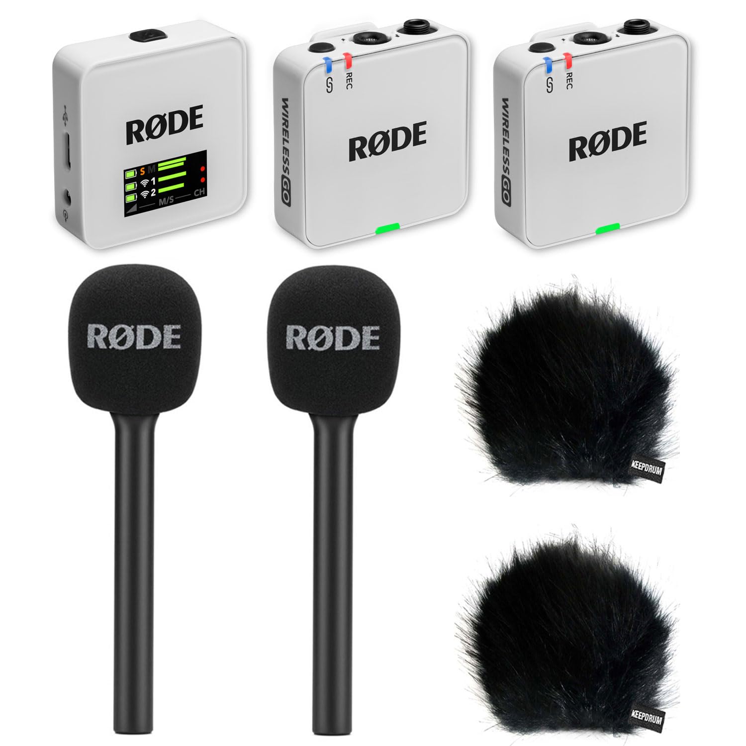Rode Wireless GO Gen 3 Wireless 2-Channel Microphone Radio System White with 2 x Interview GO Hand Adapters and 2 x Keepdrum Fur Wind Protection BK