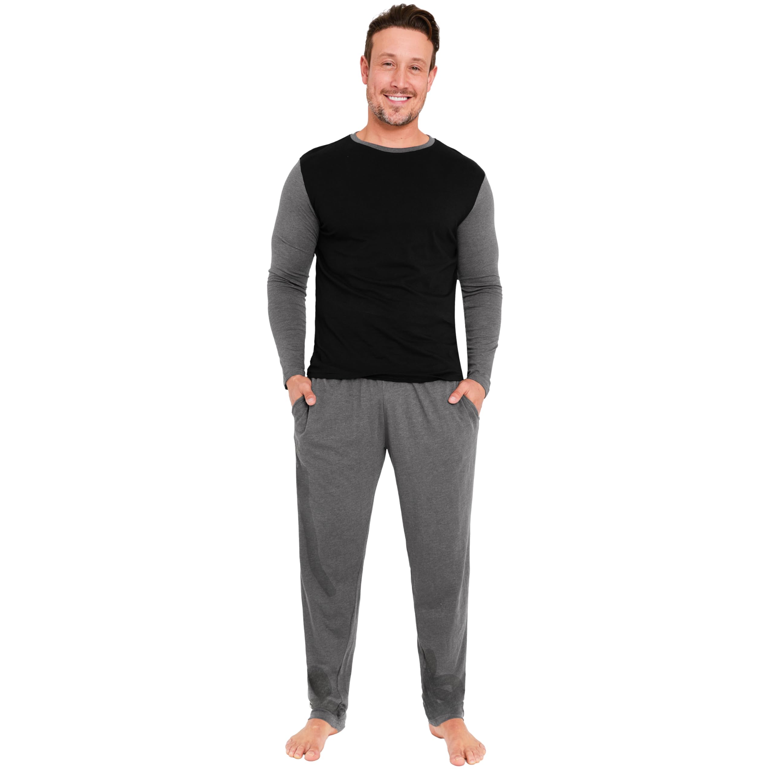CityComfort Mens Long Pyjamas Set, Adults Teenagers Soft 2 Piece Loungewear Nightwear Cosy PJs - Gifts for Him (Black/Charcoal, 2XL)