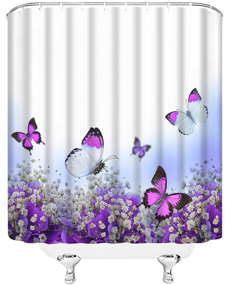 Flower Butterfly Shower Curtain Purple Floral Gypsophila Spring Wings Animal Plant Fantasy Fabric Bathroom Decor Set with Hooks(84" Wx70 H)